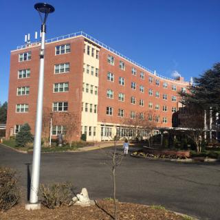 A modern brick hospital building surrounded by greenery on a clear sunny day.