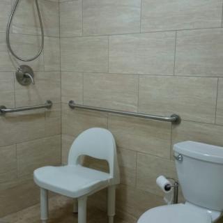 An accessible bathroom with a shower, grab bars, and a chair for seating.