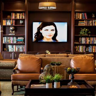 A cozy living room with leather seating, a central coffee table adorned with decorative plants, and a television mounted on a bookshelf-filled wall.
