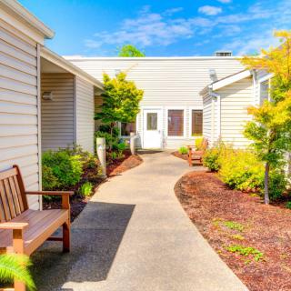A sunny pathway bordered by lush plants and benches in a landscaped garden.