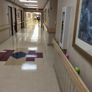 A well-lit and spacious hallway featuring wall art and a clean floor.