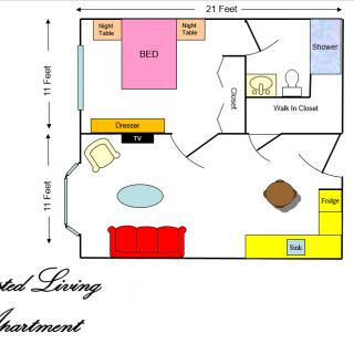 Floor plan of an assisted living apartment featuring bedroom, bathroom, kitchen, and living area.