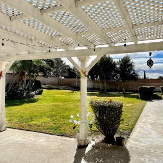 A sunny backyard with a pergola-covered patio and a well-maintained lawn.