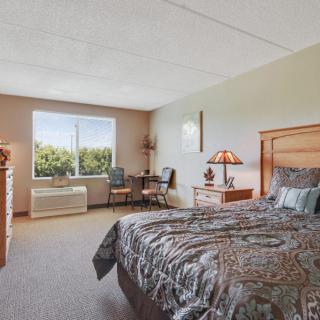 A well-lit bedroom featuring a comfortable bed, a desk with a lamp, and a large window offering natural light.