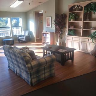 A cozy living room with a sofa, coffee table, and bookshelves bathed in natural light.