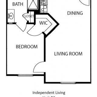 A floor plan of a one-bedroom apartment featuring a living room, dining area, bathroom, and closet.