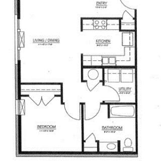 A floor plan of a one-bedroom apartment layout featuring living/dining area, kitchen, bathroom, and closet space.