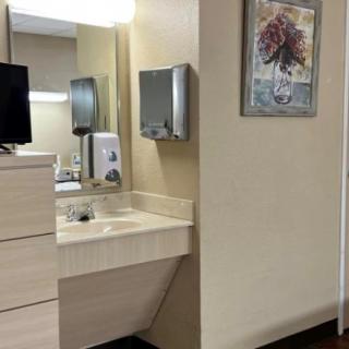 A view of a bathroom with a sink, mirror, and mounted dispensers next to a painting on the wall.