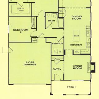 A detailed floor plan of a house featuring a 2-car garage, bedroom, bathroom, kitchen, living room, and porch.
