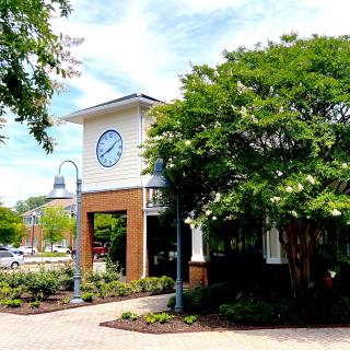 A scenic view of a clock tower surrounded by lush greenery and a clear blue sky.