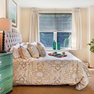 A cozy and well-lit bedroom with a comfortable bed, decorative pillows, a green dresser, and plants.