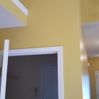 An interior view featuring a yellow-painted wall with doorways and white trim.