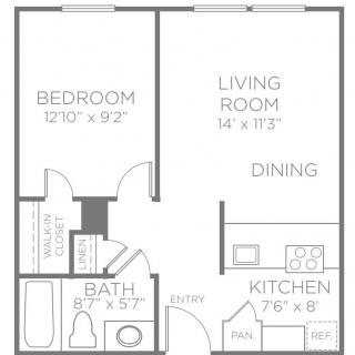 A floor plan of a one-bedroom apartment featuring a living room, kitchen, dining area, and bathroom.
