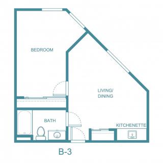 A floor plan of a one-bedroom apartment featuring a living area, kitchenette, and bathroom.