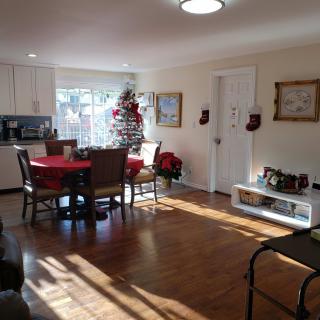 A cozy living and dining space decorated for Christmas with a tree and festive red accents, illuminated by sunlight.