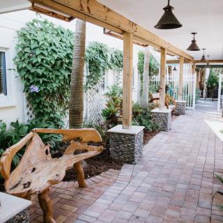 A serene outdoor walkway with wooden benches and lush greenery.
