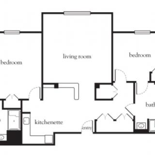 A detailed floor plan of a two-bedroom apartment with living room, kitchen, and bathroom.