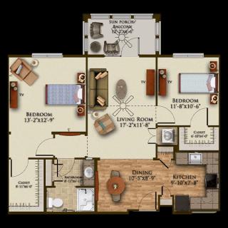 A detailed floor plan of a two-bedroom apartment including a living room, kitchen, dining area, and bathroom.