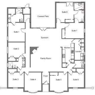 A detailed floor plan of a multi-room apartment, featuring bedrooms, bathrooms, kitchen, and living spaces.