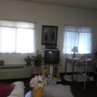 A cozy living room featuring large windows, a vintage television, and decorative plants.