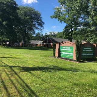 A view of a green space with a building in the background, framed by lush trees and grass.