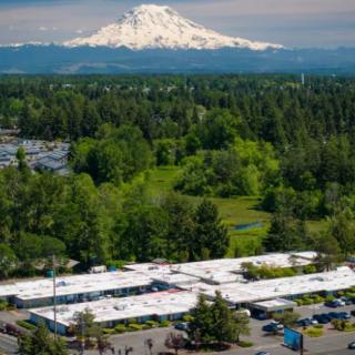 A scenic view of a snow-capped mountain overlooking lush greenery and buildings.