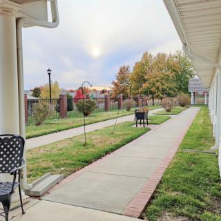 A peaceful garden walkway lined with trees and chairs under an early evening sky.