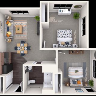 A 3D rendered floor plan of a modern apartment featuring a living room, kitchen, bedroom, and bathroom.