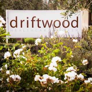 A garden sign surrounded by blooming flowers, displaying the word 'driftwood'.