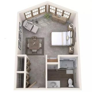 A compact and efficient one-bedroom apartment floor plan with a combined living and dining area, a separate bedroom, and a bathroom.
