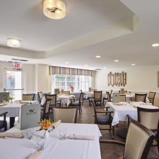 A bright and neatly arranged dining room with multiple tables set for guests.