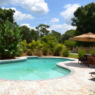 A sunny outdoor pool area surrounded by lush greenery and equipped with patio furniture.