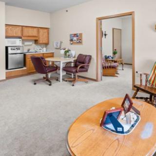A cozy living space featuring a compact kitchen and dining area with carpeted flooring.
