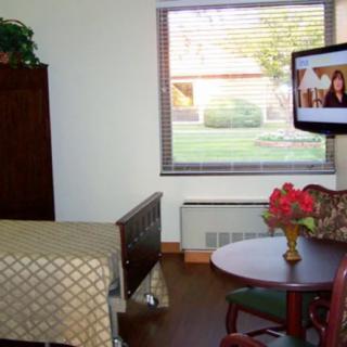 A hospital room with a bed, television, and a table with flowers near a window.