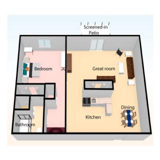 A 3D floor plan of an apartment featuring a bedroom, bathroom, kitchen, living room, and dining area.