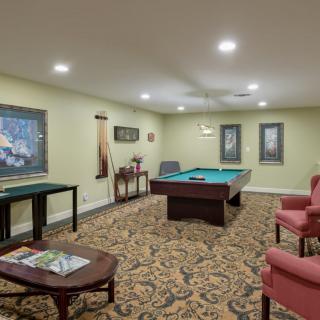 A cozy game room featuring a pool table and comfortable seating, adorned with artwork and a patterned carpet.