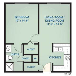 A floor plan of a one-bedroom apartment featuring a living/dining room, kitchen, bathroom, and multiple closets.
