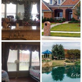 Collage of a beautiful home showing interior and exterior views along with a pool and garden.