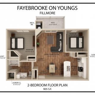 A detailed floor plan of a two-bedroom apartment labeled 'Fayebrooke on Youngs - Fillmore', showcasing the layout with bedrooms, living area, and kitchen.