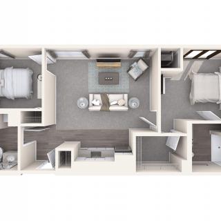 A top-down view of an apartment floor plan showing the layout of various rooms.