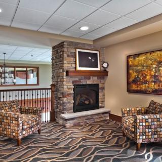 A cozy living room with a fireplace and two patterned armchairs.