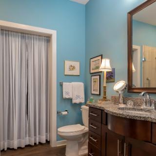 A modern bathroom featuring calming blue walls and elegant fixtures.