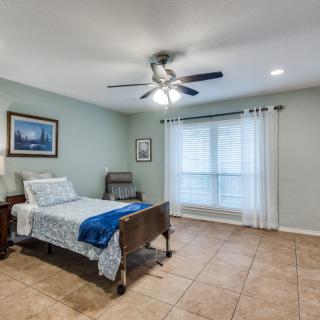 A minimalist bedroom with a single bed, ceiling fan, and large window with curtains.