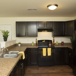 A modern kitchen with dark cabinets and appliances, featuring a spacious countertop and simple decor.