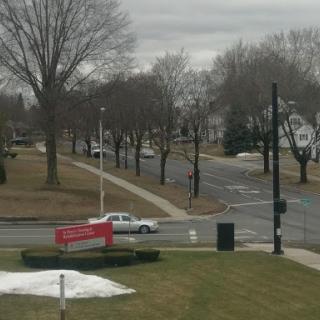 A view of a quiet street lined with bare trees, showcasing patches of snow and a cloudy sky.