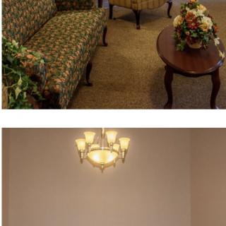 A cozy living room with a patterned sofa, armchair, and a coffee table adorned with flowers under a warm light fixture.