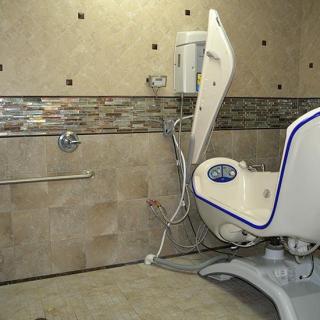 An accessible bathroom with specialized medical equipment for support.