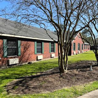 A view of brick buildings surrounded by greenery and trees, showcasing a serene school environment.