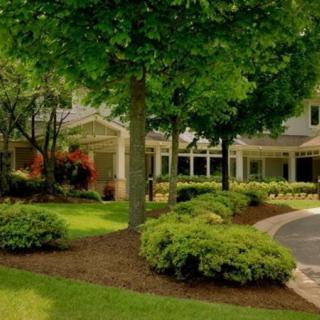 A scenic view of a landscaped garden with lush greenery and a building in the background.