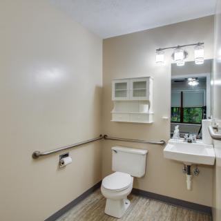 A clean and accessible bathroom featuring a toilet, sink with mirror, and wall-mounted cabinet equipped with grab bars.